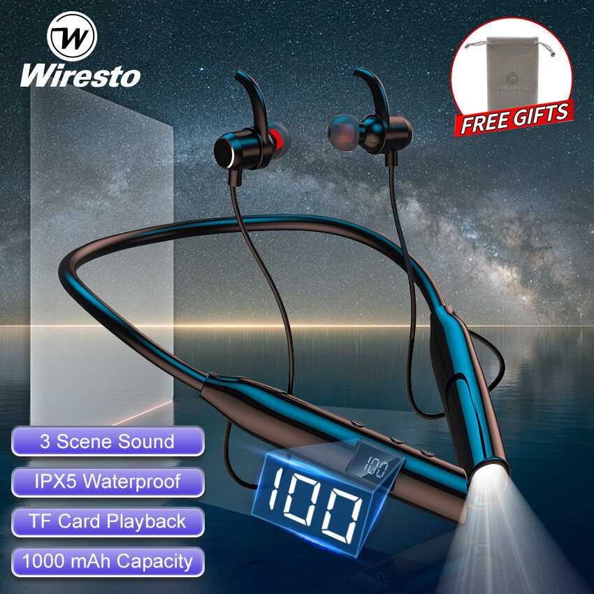 Wiresto TWS Earphone Bluetooth 5.2 In-Ear Headphones Neck Hanging Earbuds IPX5 Waterproof Sport Earphone HIFI Stereo Headset LED Power Display Earbuds Support TF Card Remote Photo With Flashlight