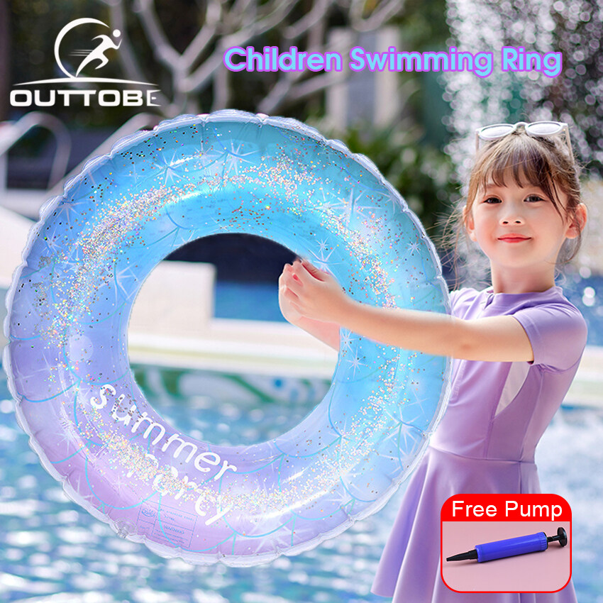 Outtobe Rainbow Swimming Ring Transparent Glitter Pool Floats Swimming Ring Adult Children Inflatable Pool Tube Giant Float Boys Girl Water  Swim laps Swimming Ring with Handle