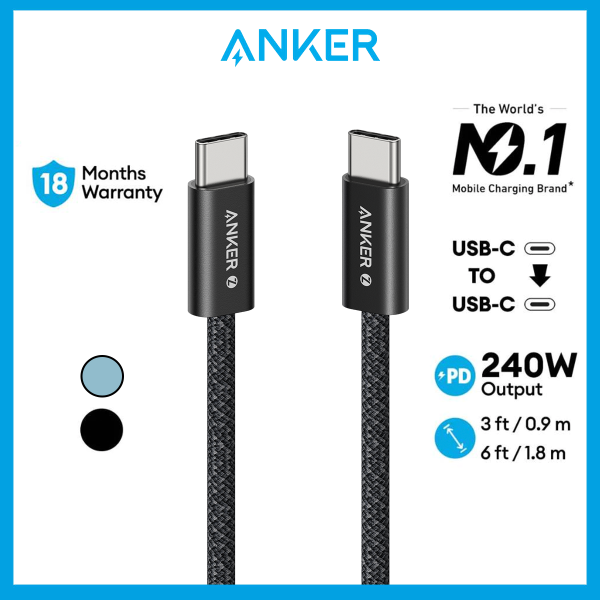 Anker Zolo USB C to USB C Cable (3ft/6ft) 240W Braided Dirt-Free Fast Charging Cable Type C for iPhone 16, MacBook A8060