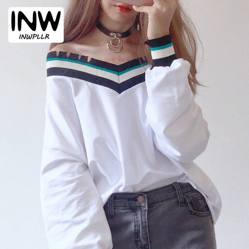 INWPLLR New Korean Women's T-shirts Striped Patchwork Tshirts Autumn Long Sleeve V-Neck Tops Lady Casual Plain T-Shirts For Women