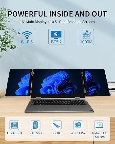 Triple-screen laptop, 16-inch desktop + dual 10.5-inch monitors, Core i7-1270P, 32GB RAM, 2TB SSD, Windows 11 Pro, Wi-Fi 6, BT 5.2, face and fingerprint unlocking, USB-C, HDMI. Suitable for business/d