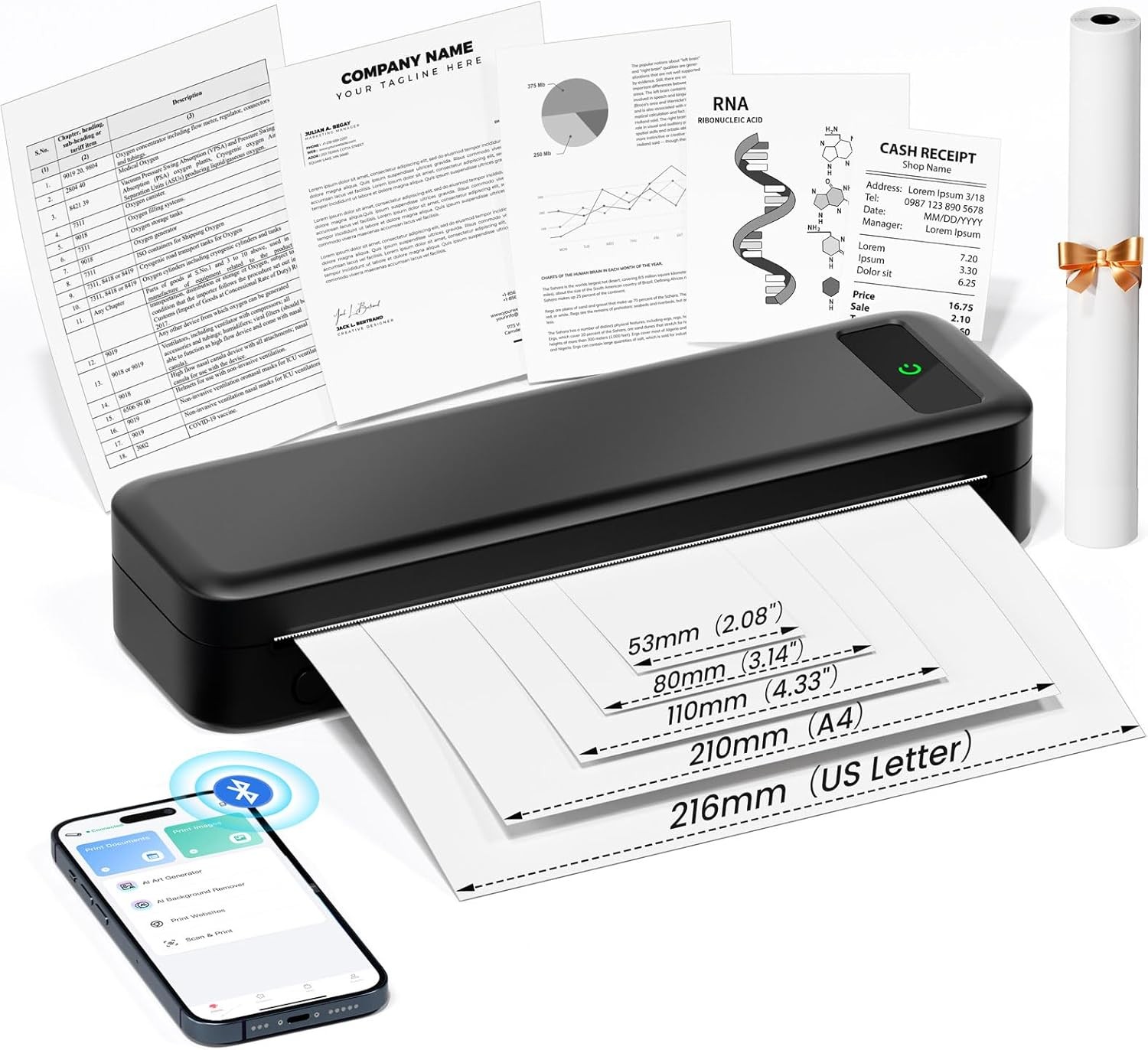 Portable printer wireless for travel, inkless thermal printer, small bluetooth mobile compact printer supports 8.5" X 11" US Letter and A4, compatible with iPhone mobile phone laptop, suitable for hom
